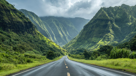 A road running parallel to a mountain range, with lush green valleys and a clear sky overhead.の素材