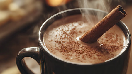 A rich, velvety hot chocolate being stirred with a cinnamon stick, steam rising from the mug.の素材