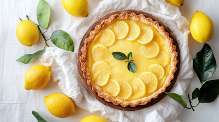 A rustic lemon tart in a wooden dish, surrounded by fresh lemons and set against a white cloth backdrop, capturing the essence of homemade baking.の素材