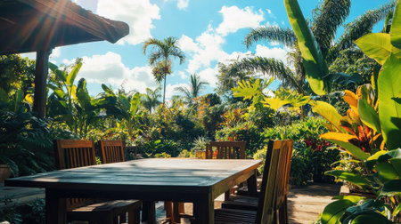 A scenic garden setting with a rustic wooden table, chairs, and lush greenery under a radiant blue sky.の素材
