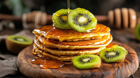 A rustic wooden board displaying golden pancakes topped with honey and kiwi slices, capturing the delicious and healthy appeal of this breakfast dishの素材