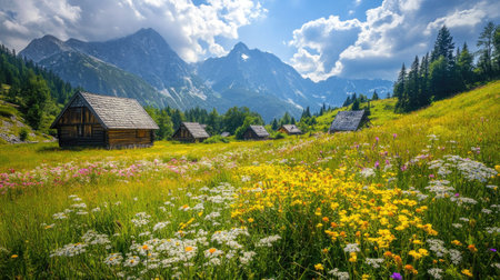 A serene summer day in the Tatra Mountains, with vibrant wildflowers and rustic cottages in the peaceful Gasienicowa Valley.の素材