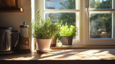 A rustic kitchen windowsill adorned with a potted rosemary plant, bathed in natural light. The essence of organic home gardening and cozy living.の素材