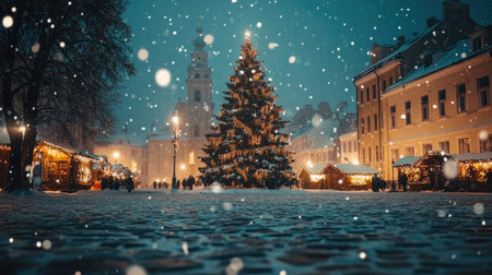 A serene Christmas scene in Tallinn's Town Hall Square, with the soft glow of holiday lights, a majestic Christmas tree, and snow gently falling on the cobblestones.の素材