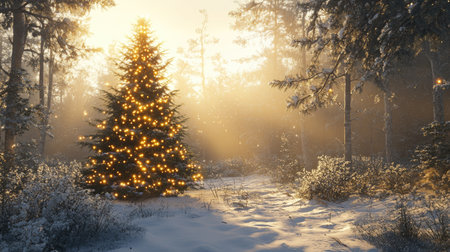 A serene winter forest with a Christmas fir tree, its branches twinkling with lights and bathed in warm sunlight.の素材