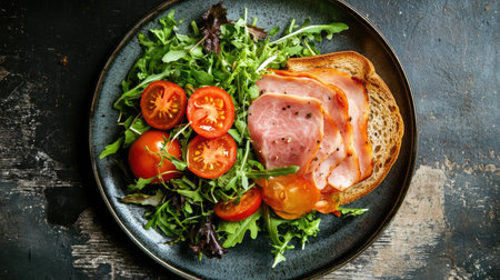 A savory ham sandwich with fresh salad and tomatoes, served on a plate and captured from above. The vibrant ingredients create an appetizing visual appeal.の素材