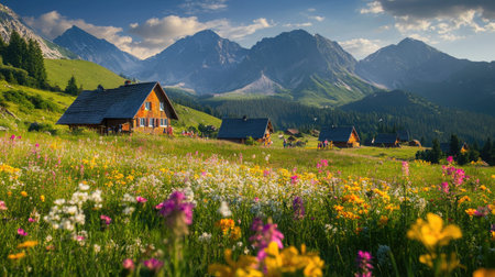 A serene summer scene in the Tatra Mountains, with vibrant wildflowers and traditional cottages in the picturesque Gasienicowa Valley.の素材