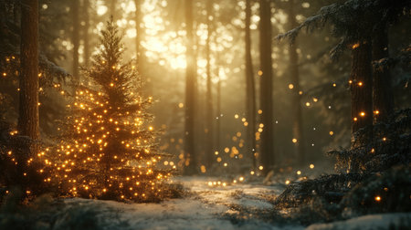 A serene winter forest with a Christmas fir tree, its branches twinkling with lights and bathed in warm sunlight.の素材