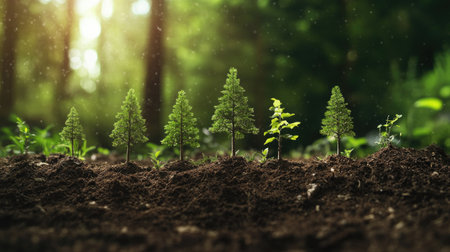 A series of small trees growing in soil, each at a different stage of growth, set in a natural environment.の素材