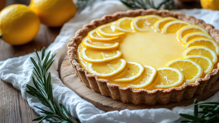 A rustic lemon tart in a wooden dish, set on a white cloth, with fresh citrus slices garnishing the top, creating a warm and inviting scene.の素材