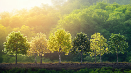 A series of trees at different growth stages, with morning sunlight creating a beautiful natural scene.の素材