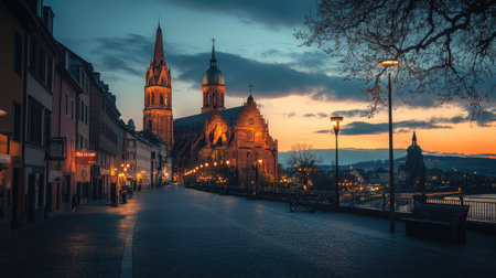 A serene evening at the Mainz Cathedral in Germany, with the cathedral illuminated by warm lights, and the sky transitioning from day to night.の素材