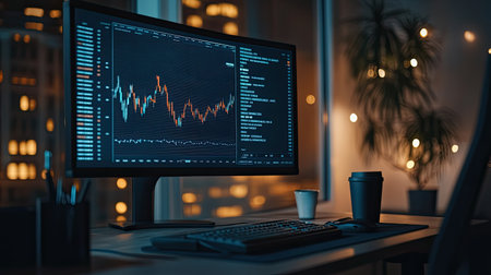 A side view of a computer screen displaying a stock market graph with fluctuating lines, set in a professional trading environment.の素材