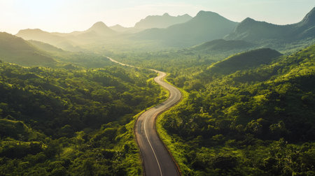 A road running parallel to a mountain range, with lush green valleys and a clear sky overhead.の素材
