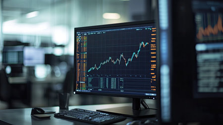 A side view of a computer screen displaying a stock market graph with fluctuating lines, set in a professional trading environment.の素材