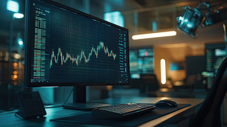 A side view of a computer screen displaying a stock market graph with fluctuating lines, set in a professional trading environment.の素材
