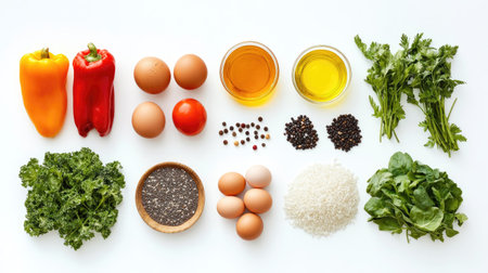 A selection of healthy foods: vibrant vegetables, eggs, fruit, rice, and oil, set against a clean white background. A visual representation of balanced nutrition.の素材
