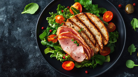 A savory ham sandwich with fresh salad and tomatoes, served on a plate and captured from above. The vibrant ingredients create an appetizing visual appeal.の素材