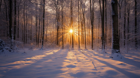 A serene winter forest in Bieszczady, with snow-covered trees and a breathtaking sunset casting warm light over the snow.の素材