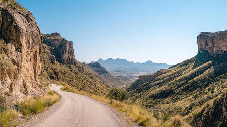 A scenic drive through a mountain pass, with rugged cliffs and a clear sky in the background.の素材