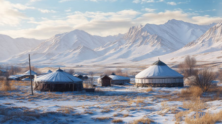 A serene winter scene of yurts in the mountains, with snow blanketing the ground and the highlands rising in the background.の素材