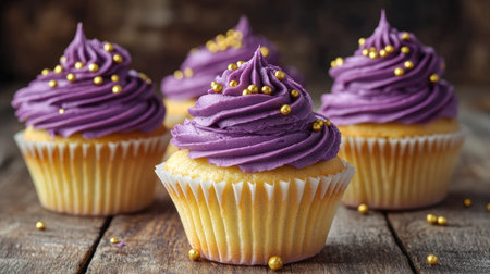 A set of homemade cupcakes with rich purple whipped cream frosting, adorned with golden sprinkles, arranged on a rustic wooden table for a stunning presentation.の素材