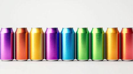 A row of colorful aluminum beverage cans on a crisp white background, ready for a clean and vibrant banner design.の素材