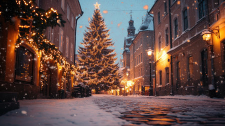 A serene Christmas scene in Tallinn's Town Hall Square, with the soft glow of holiday lights, a majestic Christmas tree, and snow gently falling on the cobblestones.の素材