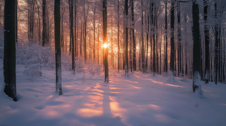 A serene winter forest in Bieszczady, with snow-covered trees and a breathtaking sunset casting warm light over the snow.の素材