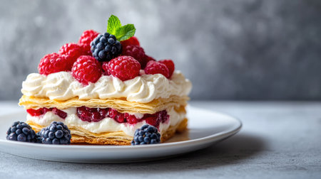 A side view of a millefeuille with vanilla cream and fresh berries, presented on a white plate, highlighting the layers of pastry and cream against a gray concrete background.の素材