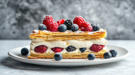 A side view of a millefeuille with vanilla cream and fresh berries, presented on a white plate, highlighting the layers of pastry and cream against a gray concrete background.の素材