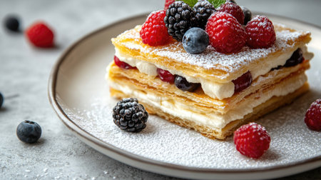 A side view of a traditional millefeuille with vanilla cream and fresh berries, garnished with powdered sugar, served on a white plate against a gray concrete table.の素材