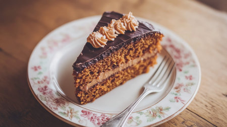 A single slice of carrot cake topped with chocolate, resting on a floral-patterned plate with a fork beside it, set on a wooden table.の素材