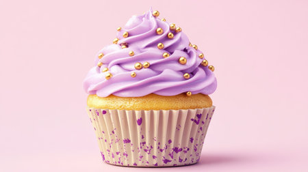 A single cupcake with perfectly piped purple whipped cream, golden sprinkles, and a decorative paper wrapper, standing out against a pastel background.の素材