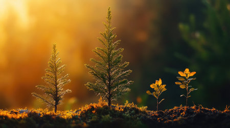 A small tree in three stages of growth, from seedling to young tree, with golden morning light filtering through the leaves.の素材