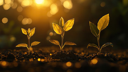 A small tree in three stages of growth, from seedling to young tree, with golden morning light filtering through the leaves.の素材