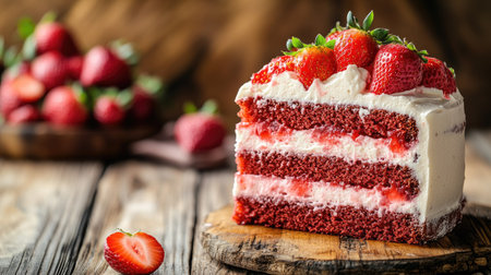 A slice of strawberry cake with layers of cream and fresh strawberries, placed on a rustic wooden table, ready to be served.の素材