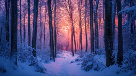 A snowy winter forest in Bieszczady, Poland, with the vibrant colors of a sunset illuminating the peaceful landscape.の素材