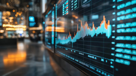 A stock market graph on a large screen, with financial data and numbers scrolling beside it, set in a modern trading room.の素材