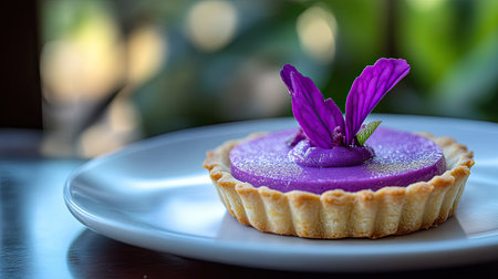 A single purple yam tart with delicate details, captured in selective focus, with a softly blurred background enhancing the dessert's elegance.の素材