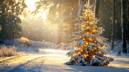 A snowy Christmas fir tree in a winter forest, bathed in sunlight with garland lights adding a magical holiday touch.の素材