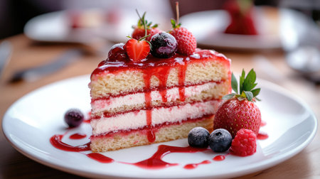 A slice of strawberry cake with a drizzle of strawberry sauce and fresh berries on the side, served on a white plate.の素材