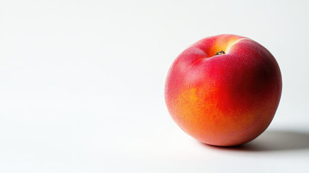 A single, fresh Japanese peach with its vibrant skin, isolated on a clean white background. Copy space provided.の素材