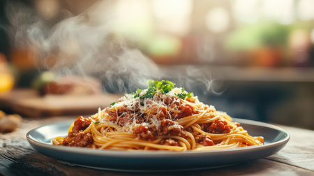 A steaming hot plate of spaghetti Bolognese, with a sprinkle of fresh parsley and grated cheese, set on a rustic table with a cozy kitchen background.の素材
