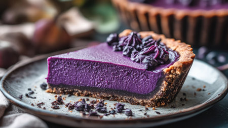 A slice of purple sweet potato tart with rich filling, captured with selective focus, emphasizing the details of the crust and filling against a soft, blurred background.の素材