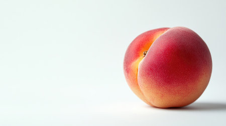 A single, fresh Japanese peach with its vibrant skin, isolated on a clean white background. Copy space provided.の素材