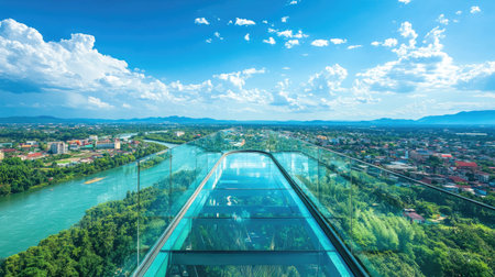 A stunning view from the Skywalk Observation Deck in Kanchanaburi, Thailand, with transparent glass flooring offering breathtaking views of the city and river below on a sunny summer day.の素材