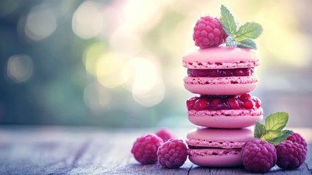 A stack of macarons with vibrant berry filling, with a blurry background of soft light, emphasizing the delicacy and color of the dessert.の素材