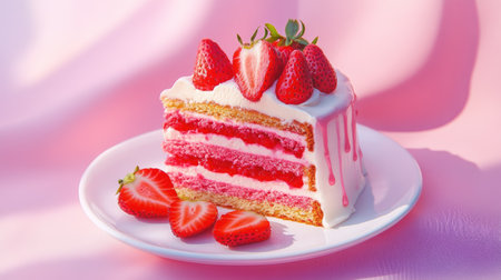 A slice of strawberry cake with rich cream layers and fresh strawberries on top, set on a white plate against a pastel background.の素材