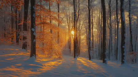 A snowy winter forest in Bieszczady, Poland, with the golden hues of a sunset illuminating the serene landscape.の素材